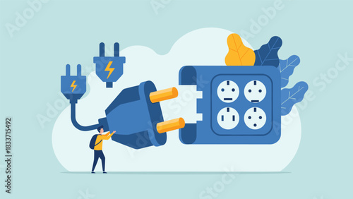 Conceptual flat vector illustration of a person connecting a large plug to a universal power strip, symbolizing global connection.