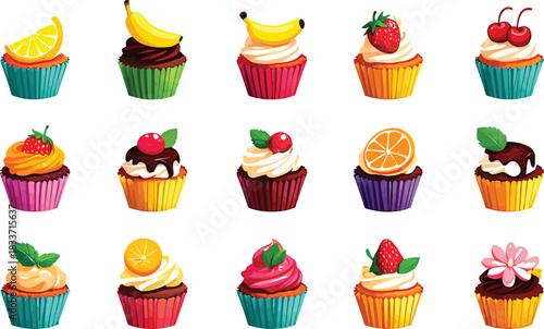 Collection of fruity cupcakes with various toppings baked in paper cup vector art