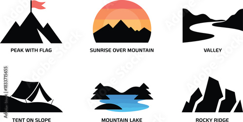 Collection of Landscape Elements and Mountain Outdoors Design Icon on Transparent