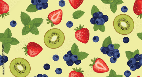 A seamless pattern featuring fresh strawberries, blueberries, kiwi slices, and mint leaves on a vibrant light yellow background.