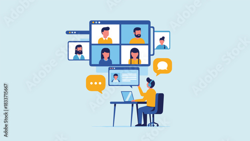 Person working from home, wearing a headset and participating in a video conference call with multiple colleagues on a laptop screen.