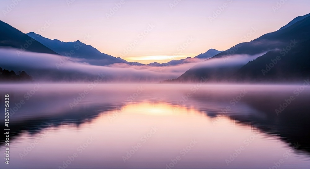 Fototapeta premium A tranquil landscape photograph featuring a lake reflecting the surrounding mountains, fog, and the soft colors of sunrise.
