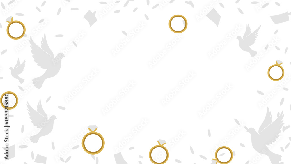 Obraz premium Wedding celebration background frame with falling diamond rings, white doves, and confetti against a clean white backdrop.