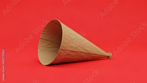 Paper Cone Horn on Red Background, Beige Speaker, Minimalist