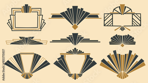 Elegant collection of vintage Art Deco style frames, borders, and decorative elements in black and gold for classic 1920s designs.