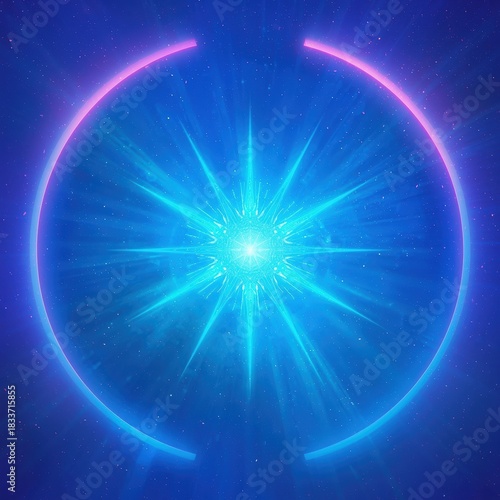 Abstract glowing starburst with neon ring on a dark blue background