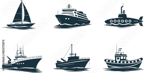 Marine transport set cruise ship sailboat submarine fishing boat vessel icons