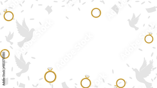 Wedding celebration background frame with falling diamond rings, white doves, and confetti against a clean white backdrop.