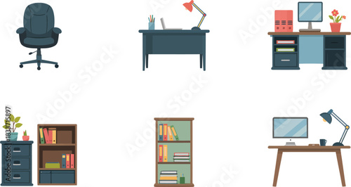 Office and Workplace Furniture Arrangement Illustration Isolated on Transparent Background