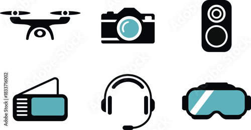 Set of multimedia devices and equipment in blue color on transparent background