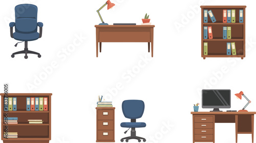Set of office furniture including desk, chair, bookshelf on transparent background