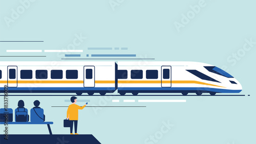 Flat design vector illustration of a modern high-speed bullet train passing a station platform with passengers waiting for their journey.