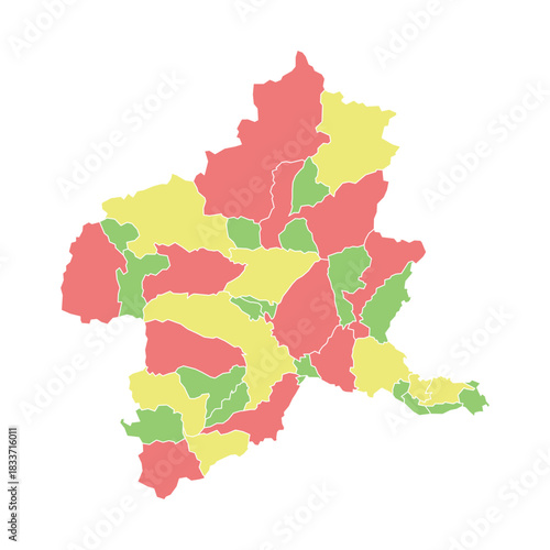 Colorful Gunma Prefecture Japan map showing internal administrative divisions on white