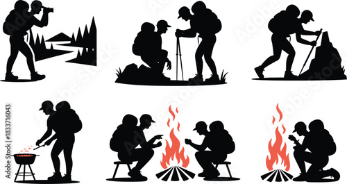 Silhouette of hiking people outdoor adventure travel tourism walking nature activity