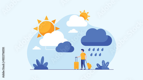 Flat design concept of choosing a travel destination based on weather, with a tourist standing between sun and rain clouds.