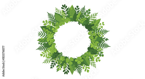 A vibrant circular wreath handcrafted from an assortment of fresh green leaves, including ferns and clovers, on a pure white background.