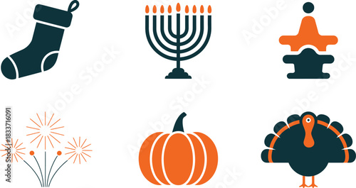Vector art of holiday themes such as thanksgiving, new year, and hanukkah events