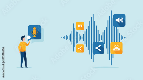 Concept of voice messaging and audio content creation, with a person's speech creating a sound wave with social media icons.