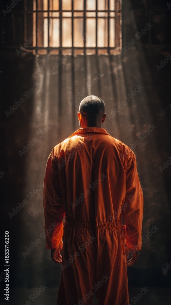 Naklejka premium Man in orange prison jumpsuit standing by barred window in darkness, vertical photo 