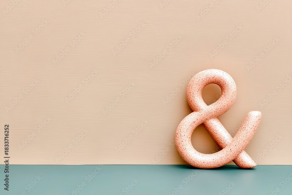 Obraz premium A pink ampersand symbol stands against a pastel peach background, with a teal base, creating a minimalist and modern composition.