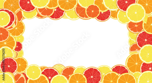 A vibrant frame of various citrus fruit slices, including oranges, lemons, and grapefruits, borders a clean white background.