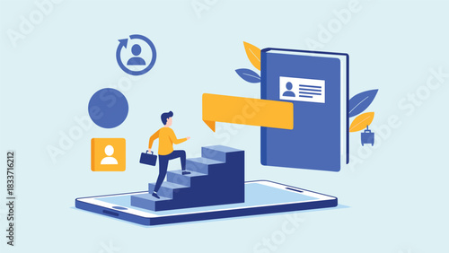 Business professional climbing stairs towards success in a conceptual illustration of career growth and development.