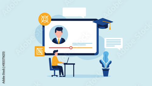 E-learning and online education concept, with a student taking a virtual course or webinar on a laptop from their desk at home.