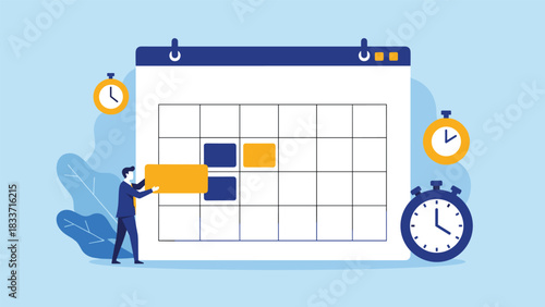 Businessman organizing a schedule on a large calendar with clocks, illustrating time management and planning concepts.