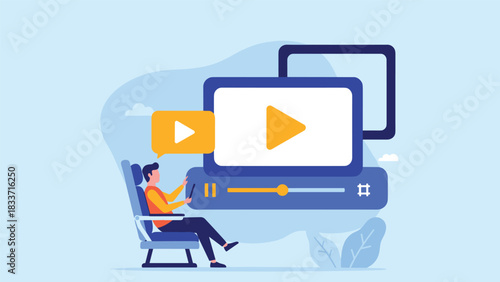 Modern flat design illustration of a person watching online videos or streaming content on a large screen with a mobile device.