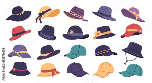 A comprehensive collection of various stylish and fashionable hats and caps, showcasing diverse designs, colors, and types for all occasions.