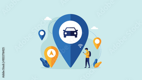 Car sharing and ride-hailing app concept with a man using a smartphone next to a large location pin with a car icon.