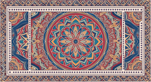 Traditional ornamental oriental rug with a vibrant central mandala pattern and geometric borders, featuring rich red, blue, and gold tones.