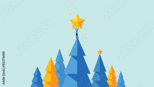 Conceptual flat illustration of a person reaching the top of a Christmas tree to place a large golden star as a finisher.