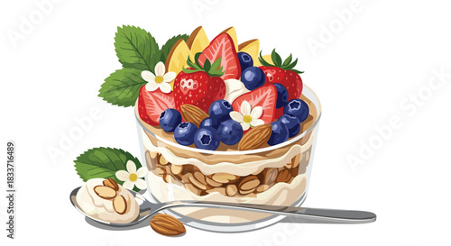 Vibrant illustration of a healthy layered fruit parfait featuring strawberries, blueberries, banana, granola, and yogurt in a glass with a spoon.