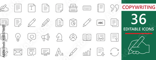 36 Editable Copywriting vector line icons. Essential for content writing, marketing, blogging, SEO, text editing, and communication design.