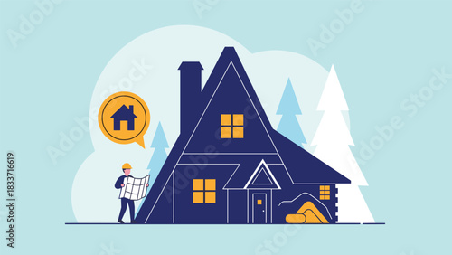 Flat design concept of home construction and architecture, showing a builder with blueprints in front of a modern A-frame cabin.