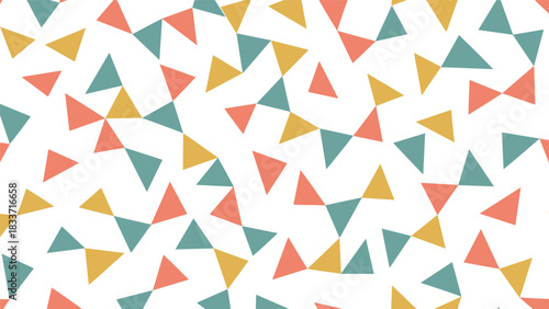 Seamless abstract pattern with colorful randomly scattered triangles in coral, teal, and mustard yellow on a clean white background.