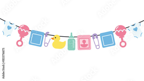 Cute and colorful baby shower garland decoration with rattles, rubber ducks, bottles, and other newborn essentials hanging on a line.