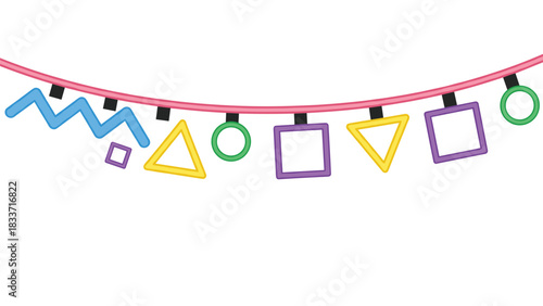 Party garland with colorful and cute geometric shapes like triangles, squares, and circles hanging from a pink string.