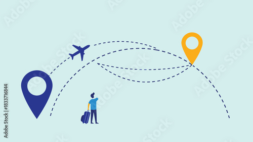 Conceptual illustration of global travel and logistics, showing a man with luggage and an airplane flying along dotted routes between map pins.