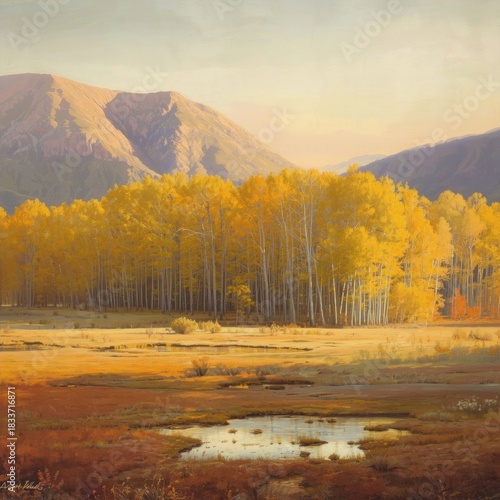 Golden aspen grove in autumn with mountains and reflecting pond