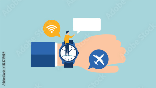 Business travel and time management concept showing a man on a giant smartwatch with flight and Wi-Fi icons.