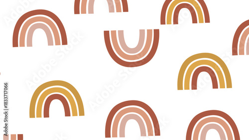 Seamless pattern of hand-drawn rainbows in a bohemian style with warm, earthy terracotta and mustard colors on a white background.