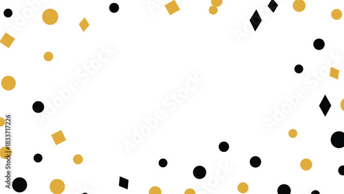 Abstract celebration background with a frame of scattered gold and black confetti shapes on a clean white backdrop with copy space.