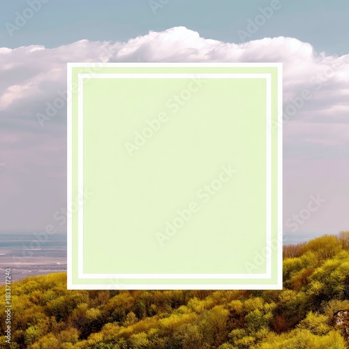 A light green square with a white border is set against a landscape of trees, rolling hills, sky, and clouds. The image evokes a sense of nature and space for t