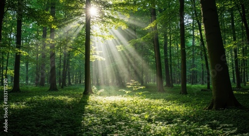 Sunlight streams through a dense forest, illuminating the woodland floor. Sunlight rays radiate outward from a clearing, casting dappled light on the undergrowth and tall trees