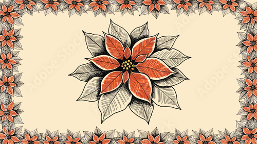 Vintage hand-drawn Christmas illustration featuring a large poinsettia flower in the center, surrounded by a decorative poinsettia border.