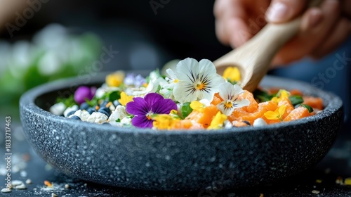 Close-up shot of a bowl of colorful food with edible flowers, being served with a wooden spoon. The food is in a dark gray bowl, and the background is blurred.