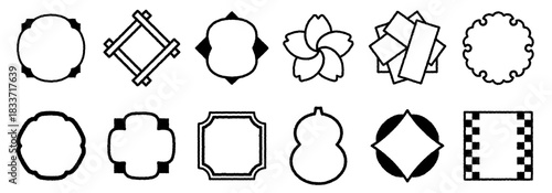 Hand-drawn style Japanese-inspired frame icons. A set of frames for titles and other text. Modern Japanese designs featuring cherry blossoms and snowflakes.