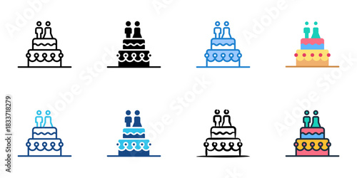 Wedding cake topper icon set multiple style vector collection. Editable Stroke 
